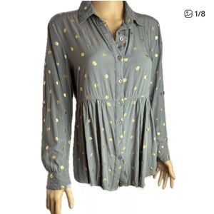 Solitaire Slate Blue Gray Button-Down Shirt w Gold Dots and Empire Waist Peplum